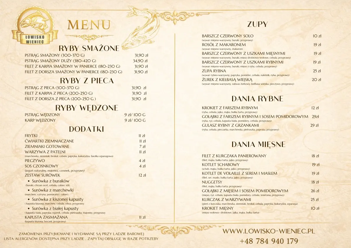menu restauracji Lowisko Wieniec
