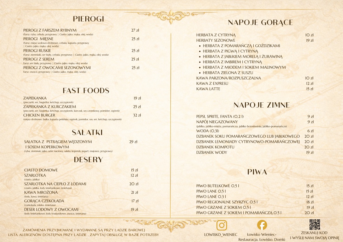 menu restauracji Lowisko Wieniec